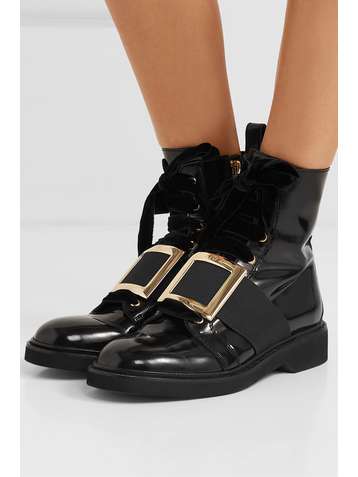 ROGER VIVIER Ranger embellished velvet-trimmed patent-leather ankle boots