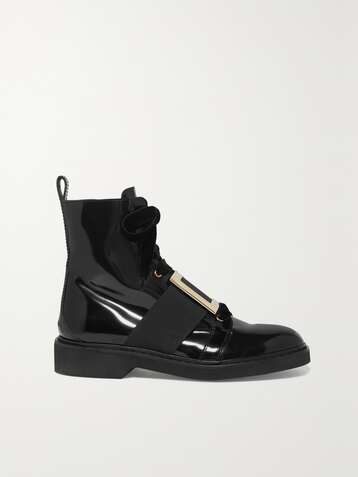 ROGER VIVIER Ranger embellished velvet-trimmed patent-leather ankle boots