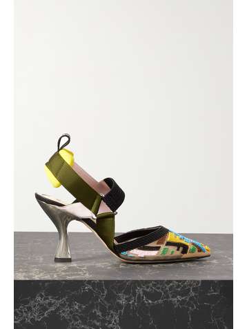 FENDI Colibri bead-embellished grosgrain and mesh slingback pumps
