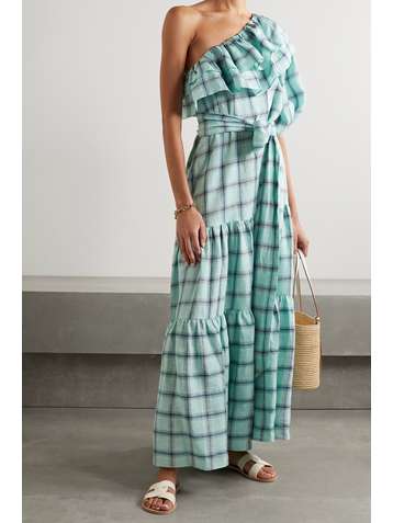 LISA MARIE FERNANDEZ Robe longue asymétrique en lin à carreaux Arden - NET SUSTAIN