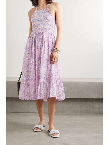 LOVESHACKFANCY Ottawa shirred floral-print cotton-voile halterneck midi dress