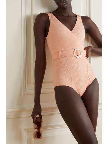 LISA MARIE FERNANDEZ + NET SUSTAIN Yasmin belted wrap-effect seersucker swimsuit