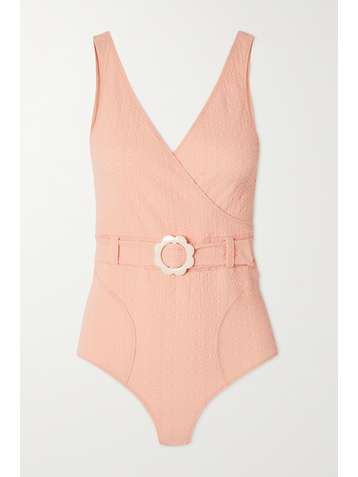 LISA MARIE FERNANDEZ + NET SUSTAIN Yasmin belted wrap-effect seersucker swimsuit