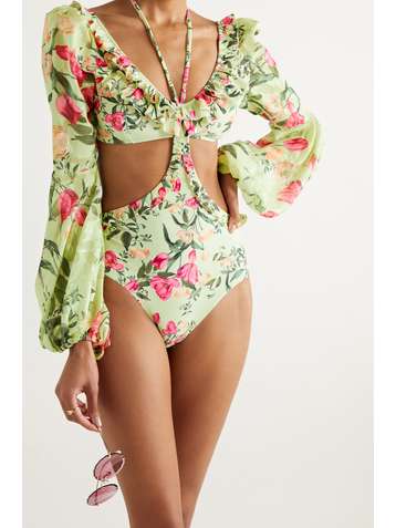 PATBO Tula cutout chiffon-trimmed printed halterneck swimsuit