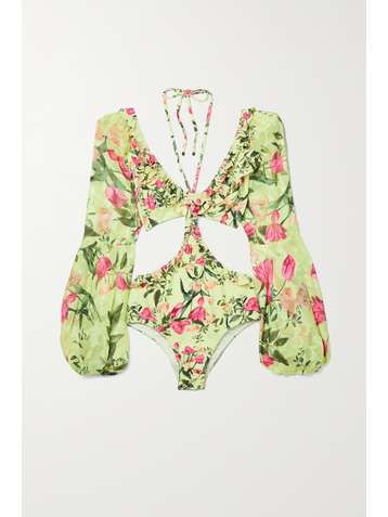 PATBO Tula cutout chiffon-trimmed printed halterneck swimsuit