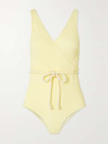 LISA MARIE FERNANDEZ + NET SUSTAIN Yasmin belted wrap-effect seersucker swimsuit