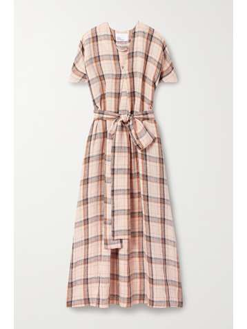 LISA MARIE FERNANDEZ + NET SUSTAIN Rosetta belted checked linen midi dress