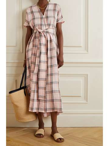 LISA MARIE FERNANDEZ + NET SUSTAIN Rosetta belted checked linen midi dress