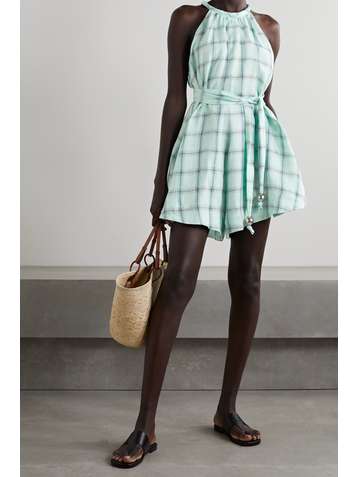 LISA MARIE FERNANDEZ + NET SUSTAIN belted checked linen playsuit