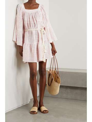 LISA MARIE FERNANDEZ Mini-robe en voile de lin et de coton mélangés à carreaux et à ceinture - NET SUSTAIN