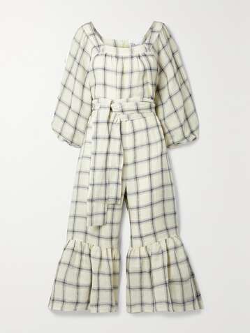 LISA MARIE FERNANDEZ + NET SUSTAIN Laure belted checked linen jumpsuit