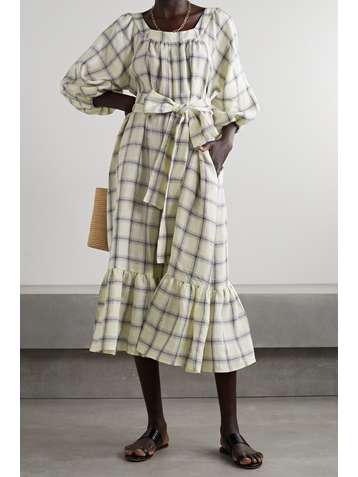 LISA MARIE FERNANDEZ + NET SUSTAIN Laure belted checked linen jumpsuit