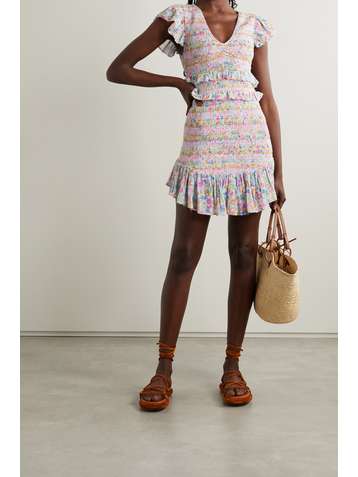 LOVESHACKFANCY Sonora ruffled shirred floral-print cotton-voile mini dress