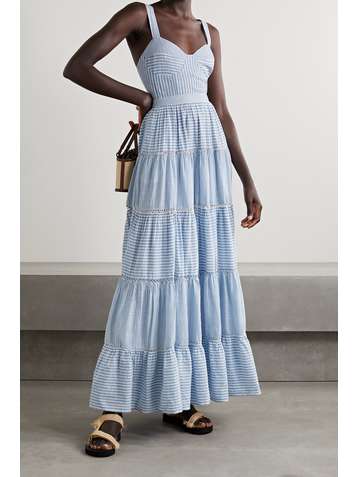 LOVESHACKFANCY Story tiered striped cotton-voile maxi dress