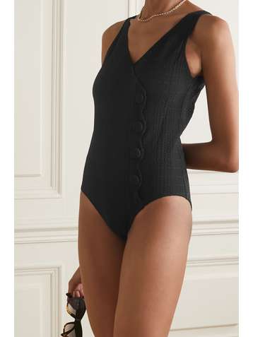LISA MARIE FERNANDEZ + NET SUSTAIN button-embellished seersucker swimsuit