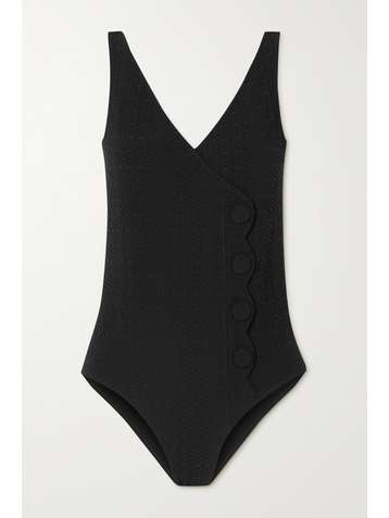 LISA MARIE FERNANDEZ + NET SUSTAIN button-embellished seersucker swimsuit