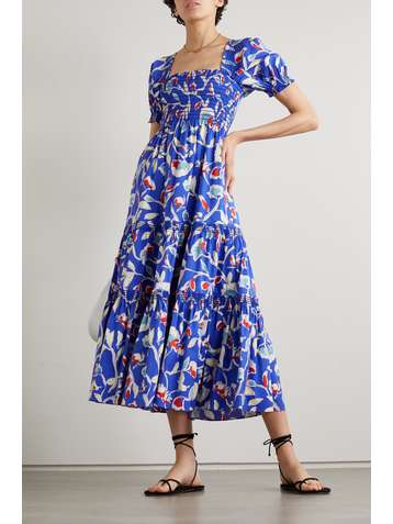TORY BURCH Shirred floral-print cotton-blend maxi dress