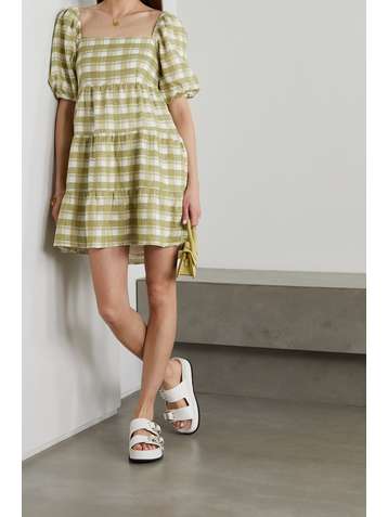 FAITHFULL THE BRAND + NET SUSTAIN Leilani shirred checked linen mini dress