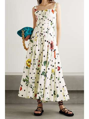 OSCAR DE LA RENTA Pleated printed cotton-blend poplin dress