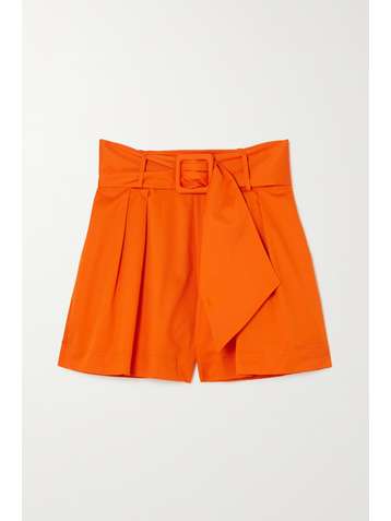 OSCAR DE LA RENTA Belted pleated stretch-cotton twill shorts