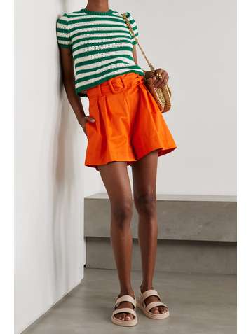OSCAR DE LA RENTA Belted pleated stretch-cotton twill shorts