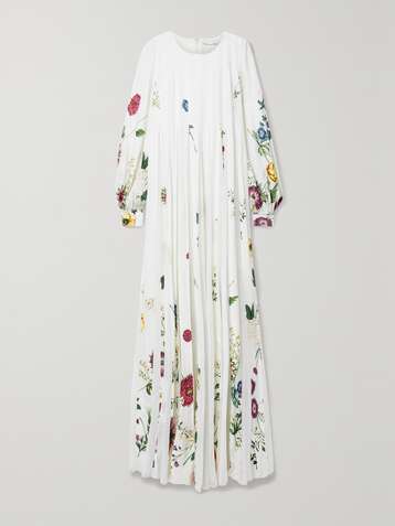 OSCAR DE LA RENTA Pleated floral-print crepe and chiffon gown