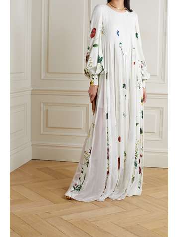 OSCAR DE LA RENTA Pleated floral-print crepe and chiffon gown