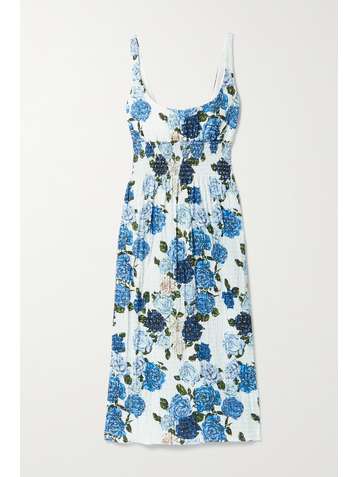 EMILIA WICKSTEAD Giovanna smocked floral-print Swiss-dot cotton-blend seersucker midi dress