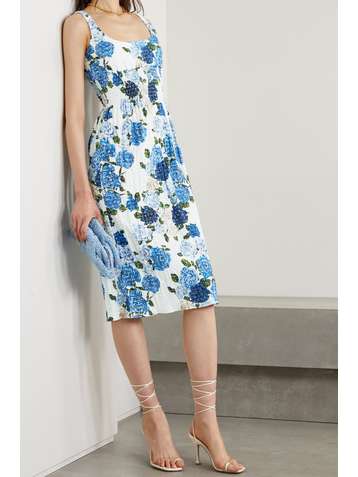 EMILIA WICKSTEAD Giovanna smocked floral-print Swiss-dot cotton-blend seersucker midi dress