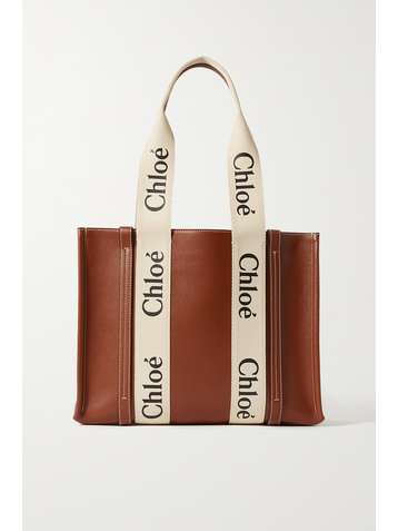 CHLOÉ Woody small cotton canvas-trimmed leather tote