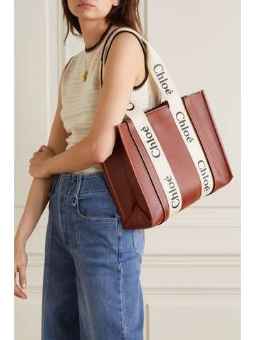 CHLOÉ Woody small cotton canvas-trimmed leather tote