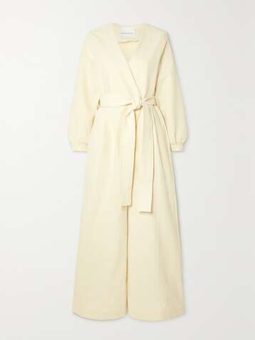 KING & TUCKFIELD Wrap-effect belted cotton-cloqué jumpsuit