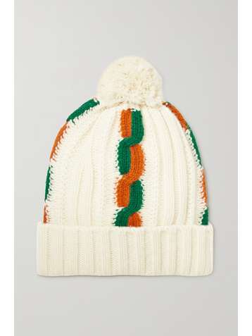 GUCCI Pompom-embellished striped cable-knit wool beanie