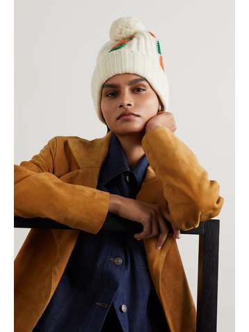 GUCCI Pompom-embellished striped cable-knit wool beanie