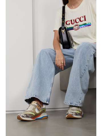 GUCCI Ultrapace snake-effect leather, mesh and distressed suede sneakers
