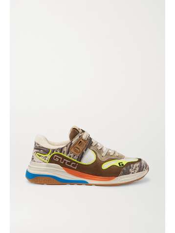 GUCCI Ultrapace snake-effect leather, mesh and distressed suede sneakers