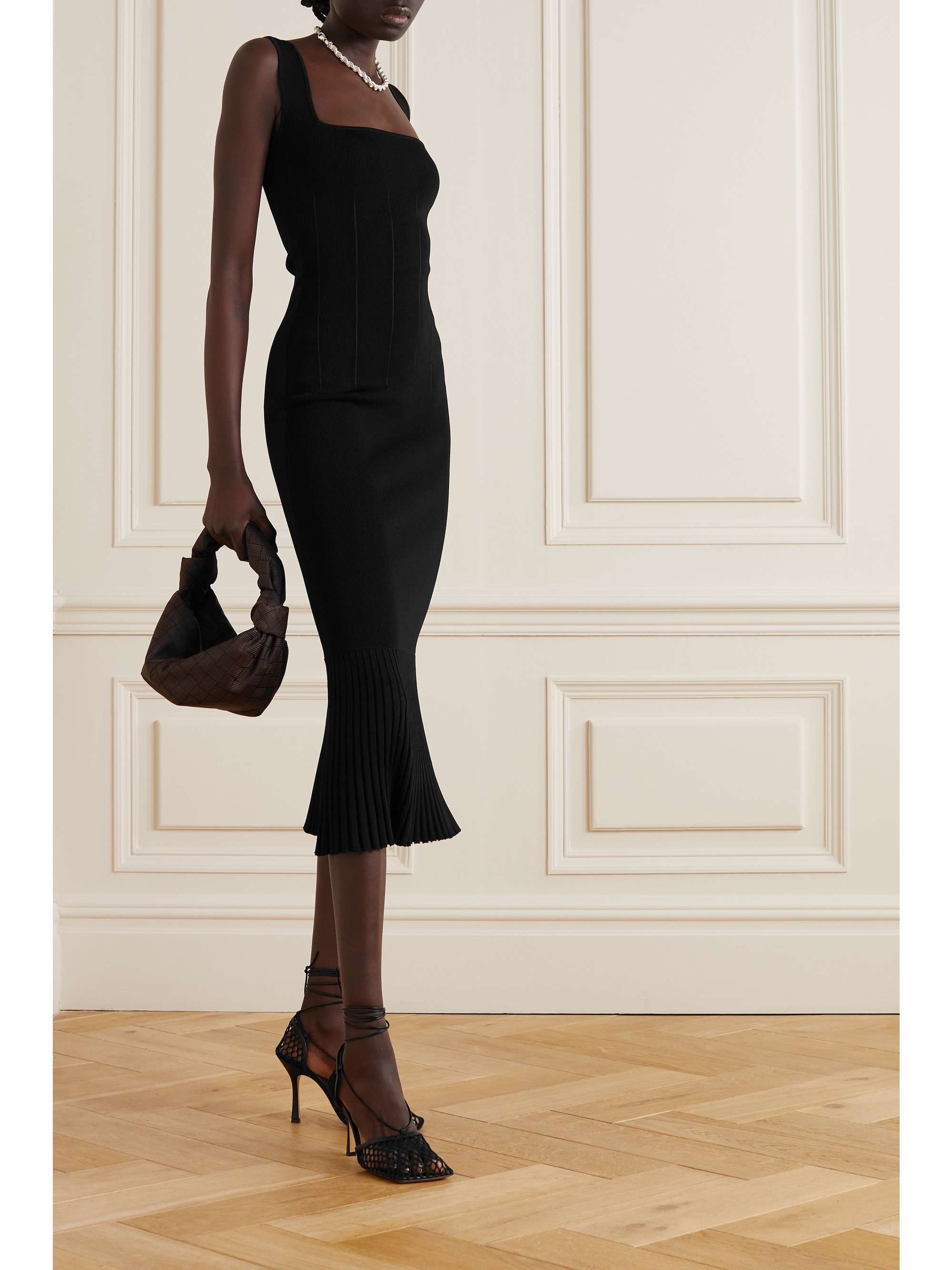 GALVAN Atalanta pleated stretch-knit midi dress