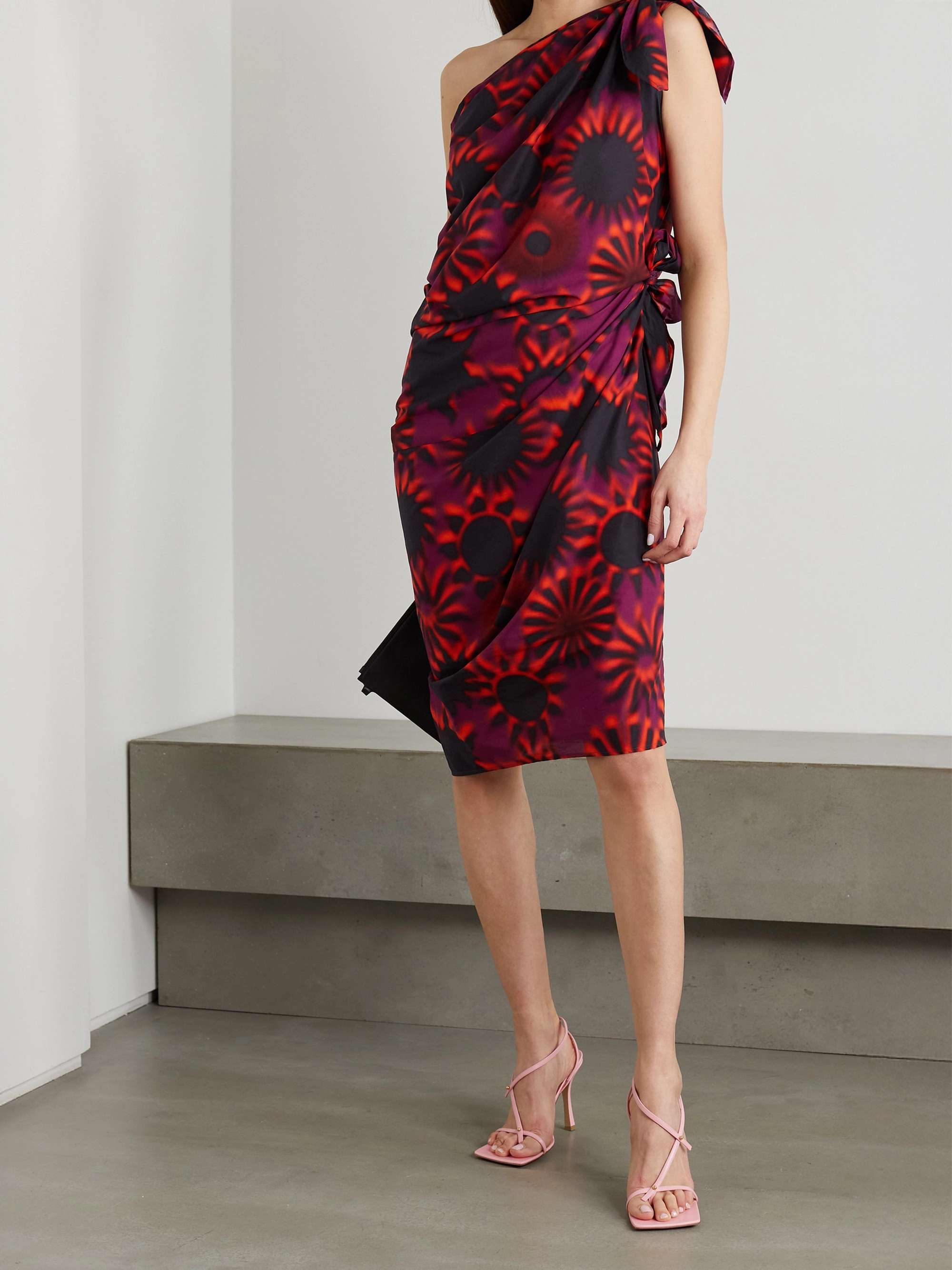 DRIES VAN NOTEN One-shoulder knotted printed cotton-poplin midi dress