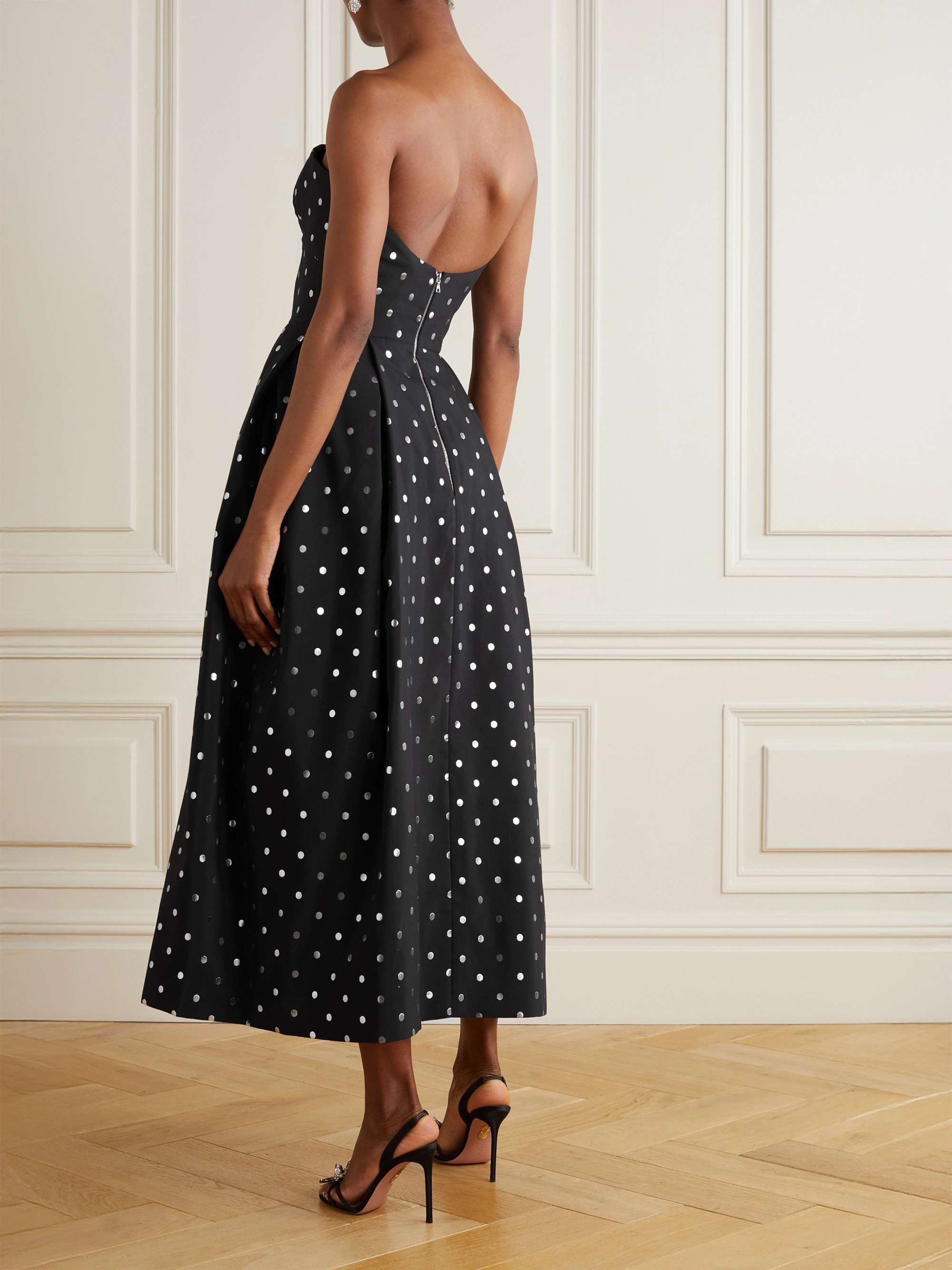 RASARIO Strapless polka-dot jacquard midi dress