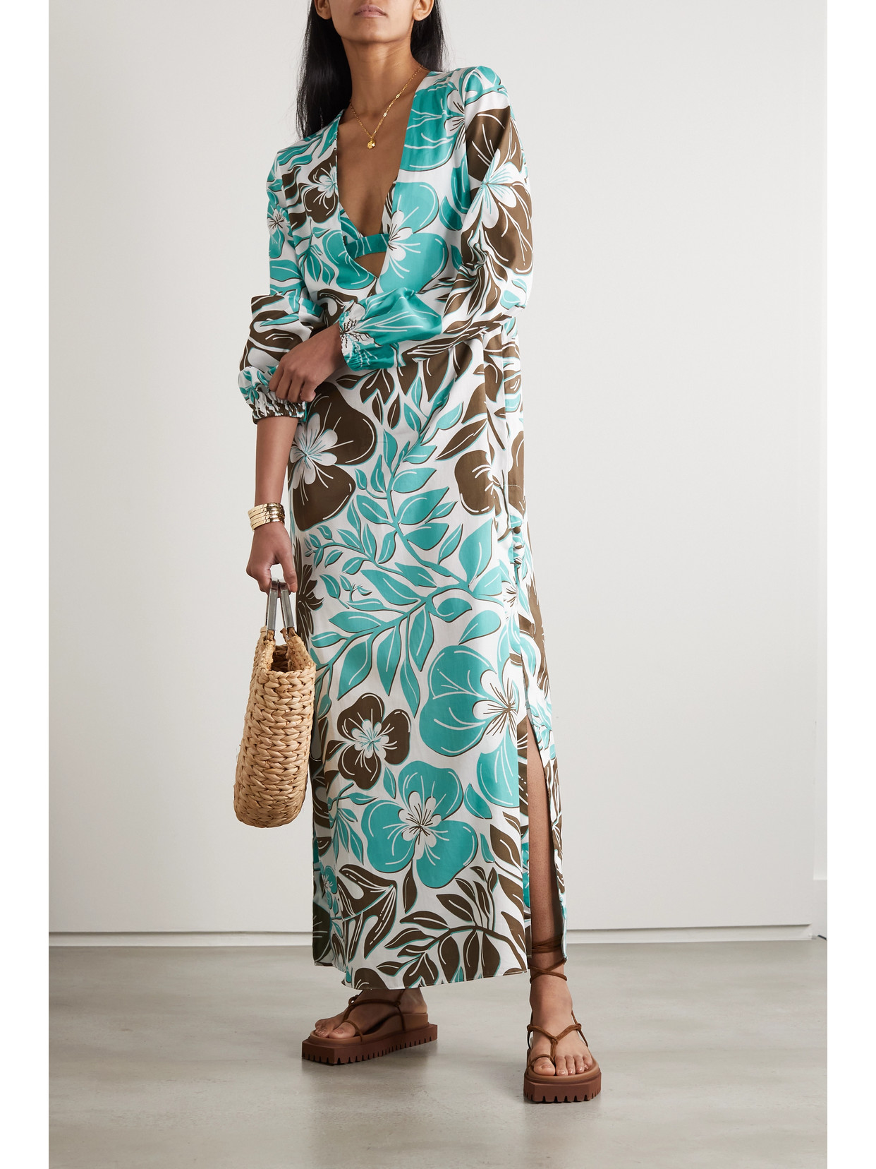 Racil Floral-print Cotton-voile Maxi Dress And Soft-cup Triangle Bra Set In Green