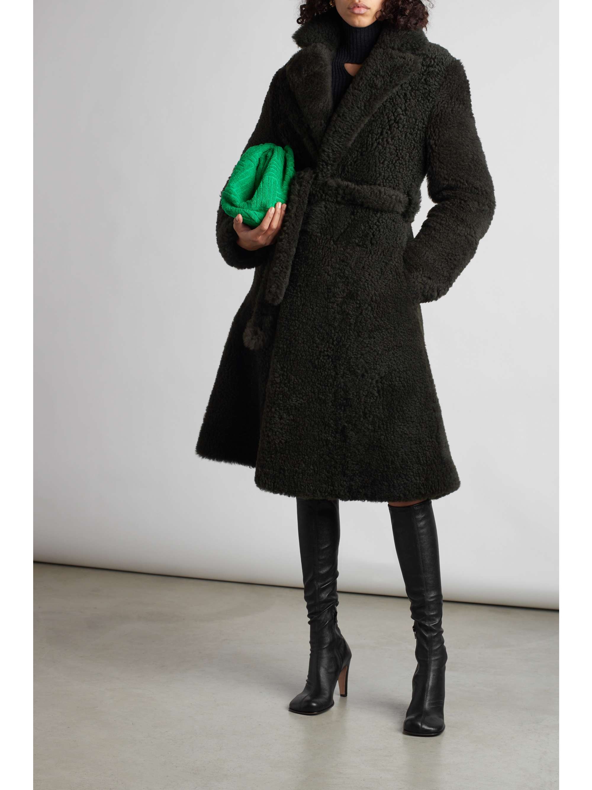 Dark green Belted shearling coat 