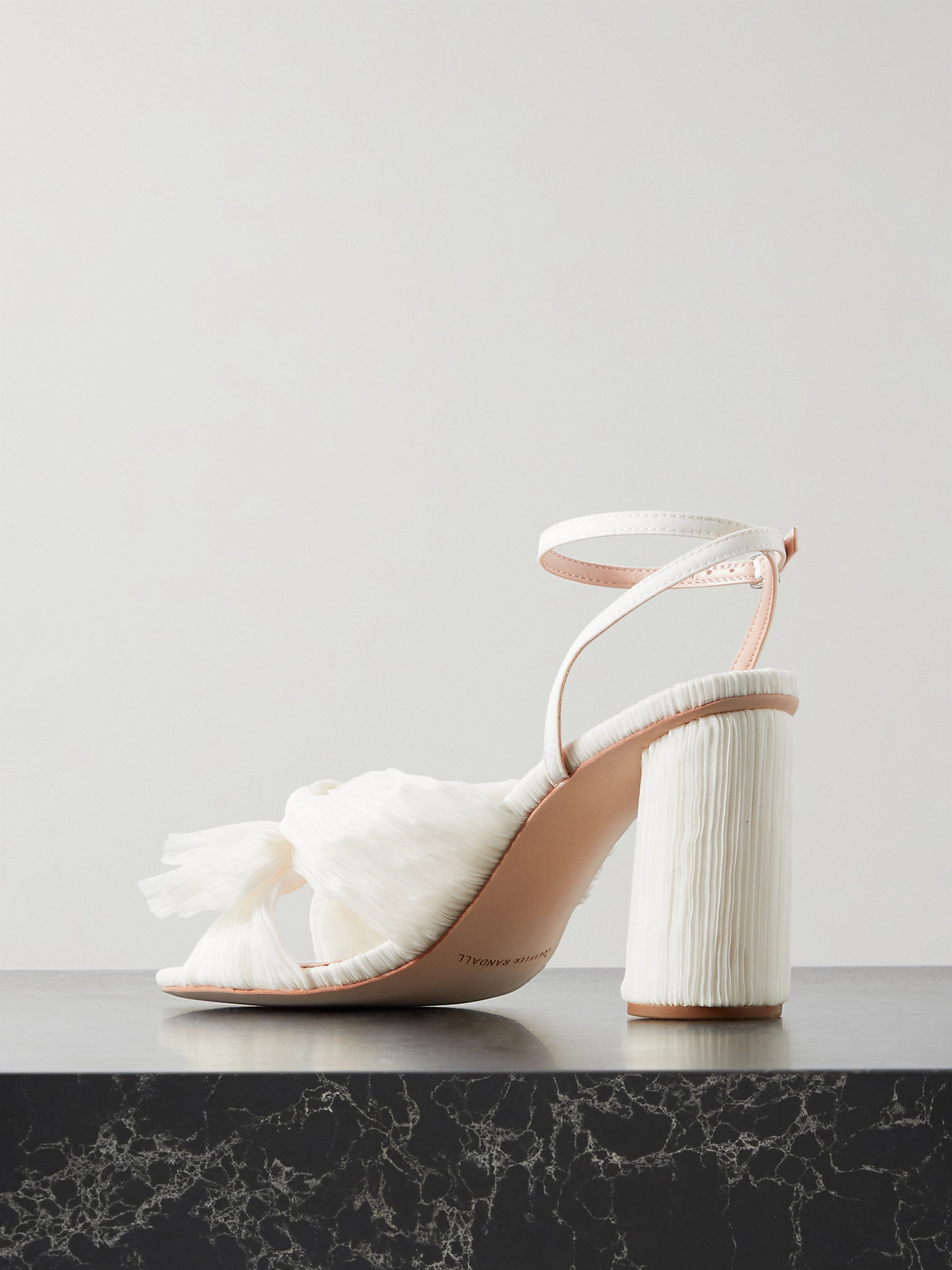 Shop Loeffler Randall Camellia Bow-embellished Plissé-organza Sandals In Off-white