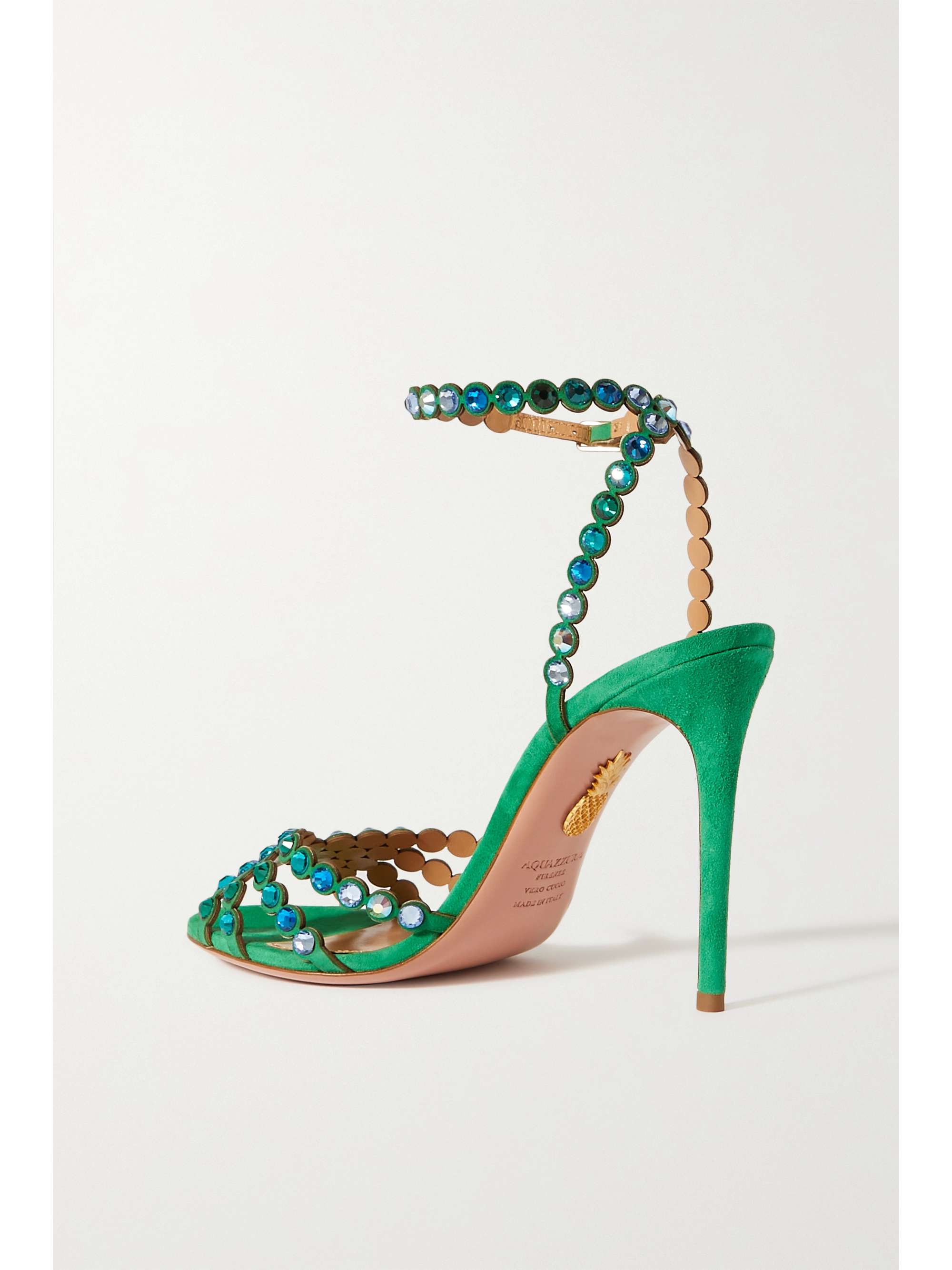 AQUAZZURA Tequila 105 metallic leather and crystal-embellished PVC sandals