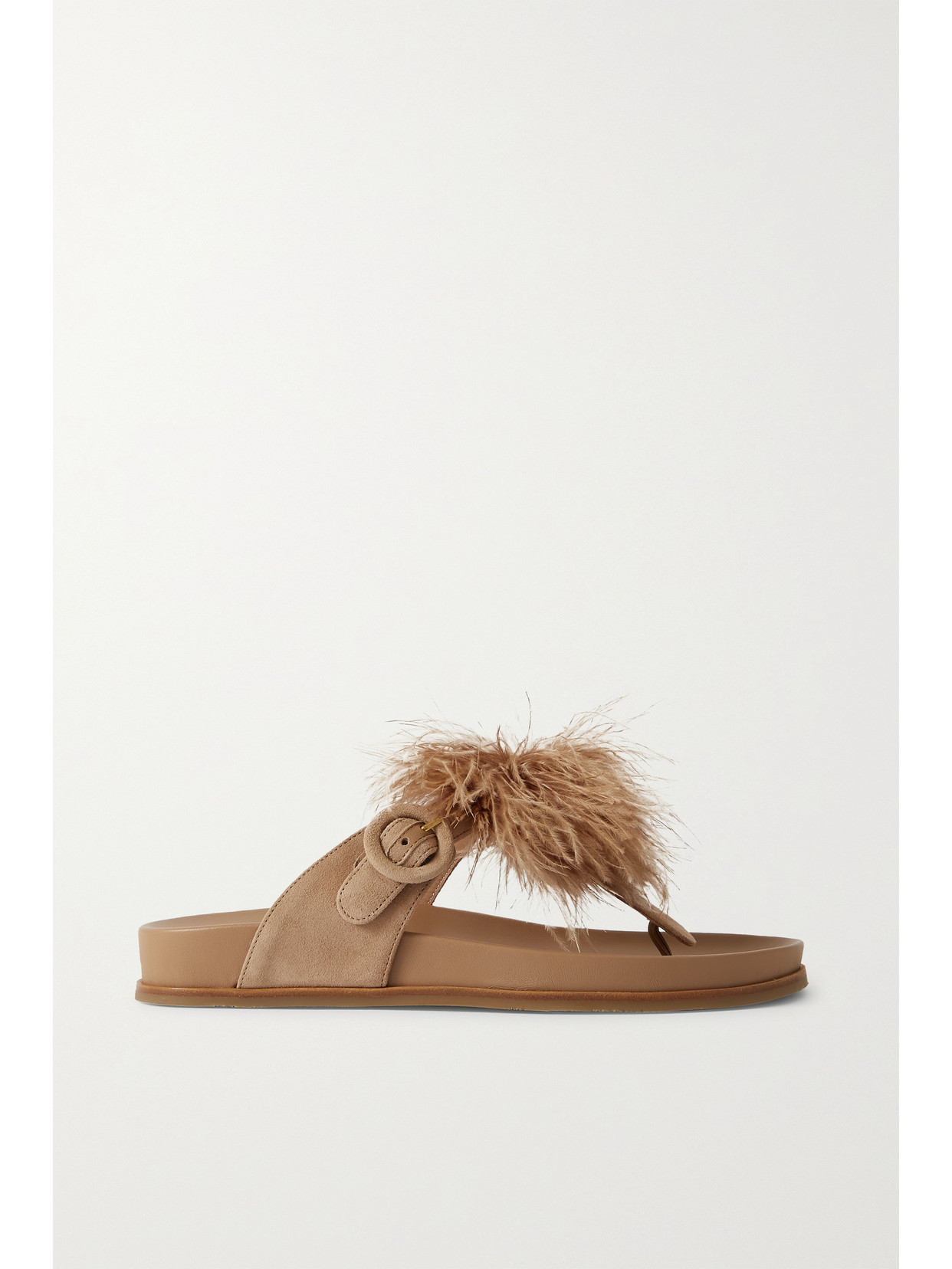 AQUAZZURA BOUDOIR FOOTBED FEATHER-TRIMMED SUEDE SLIDES