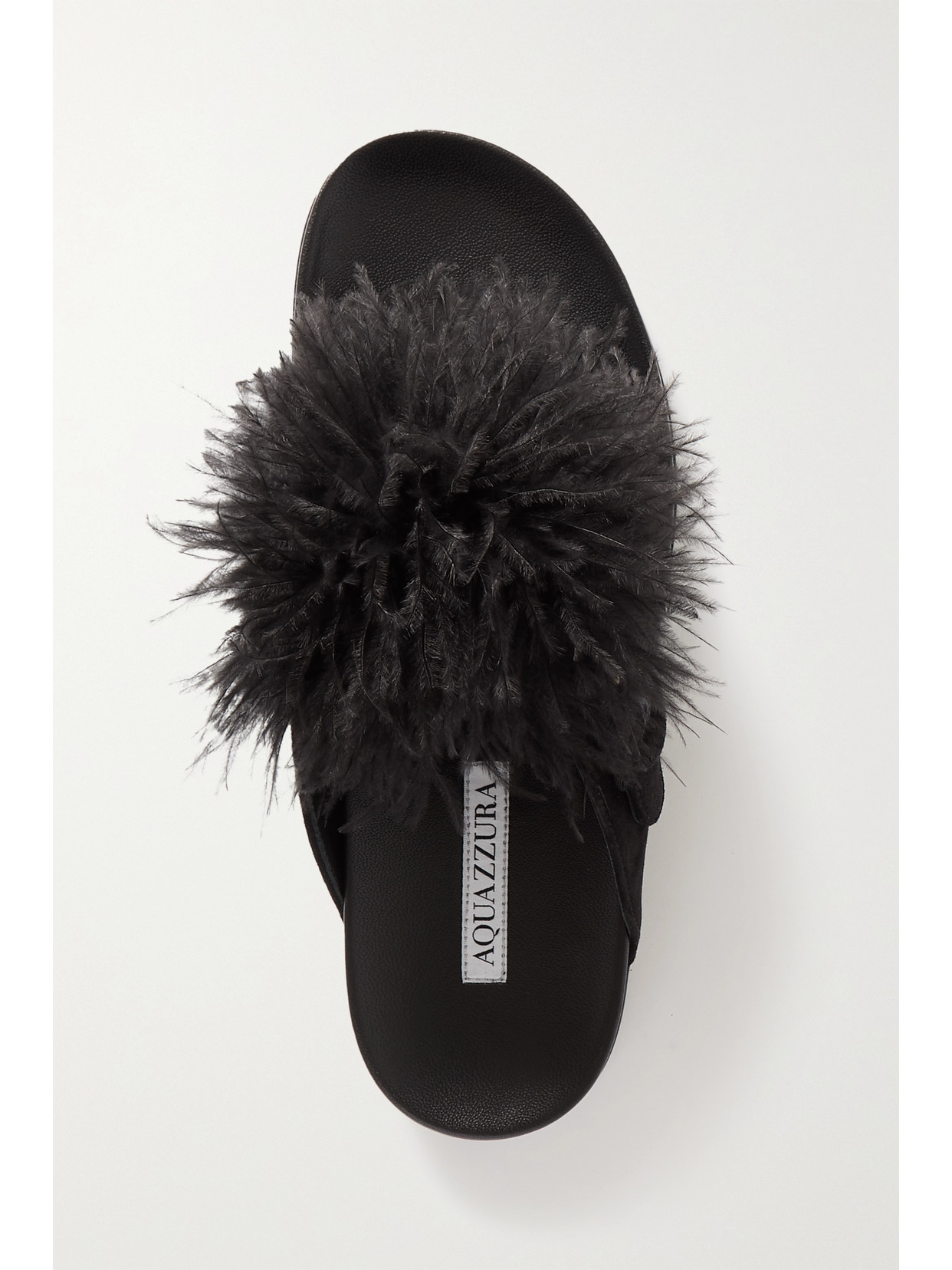 AQUAZZURA BOUDOIR FOOTBED FEATHER-TRIMMED SUEDE SANDALS
