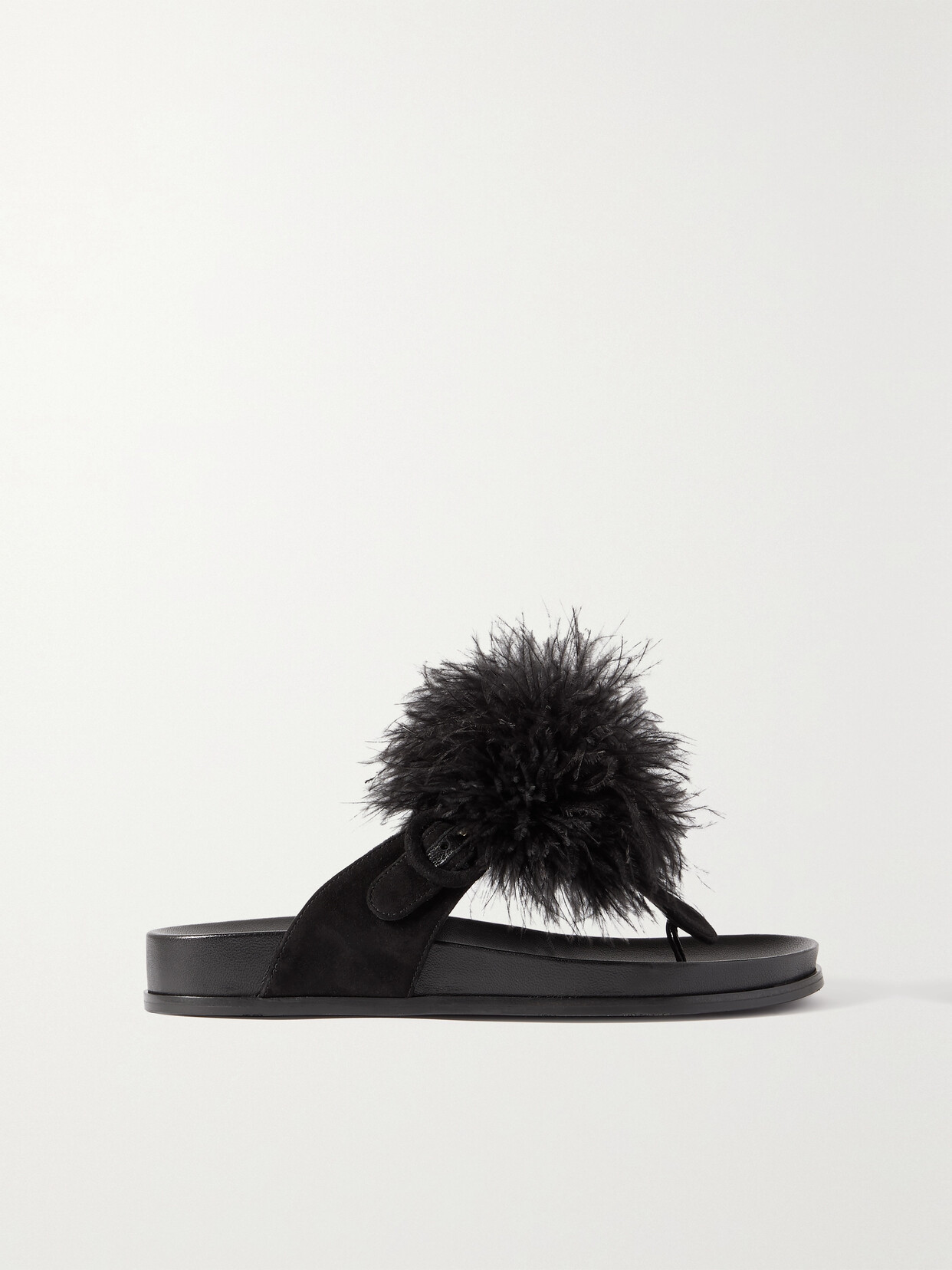 AQUAZZURA BOUDOIR FOOTBED FEATHER-TRIMMED SUEDE SANDALS