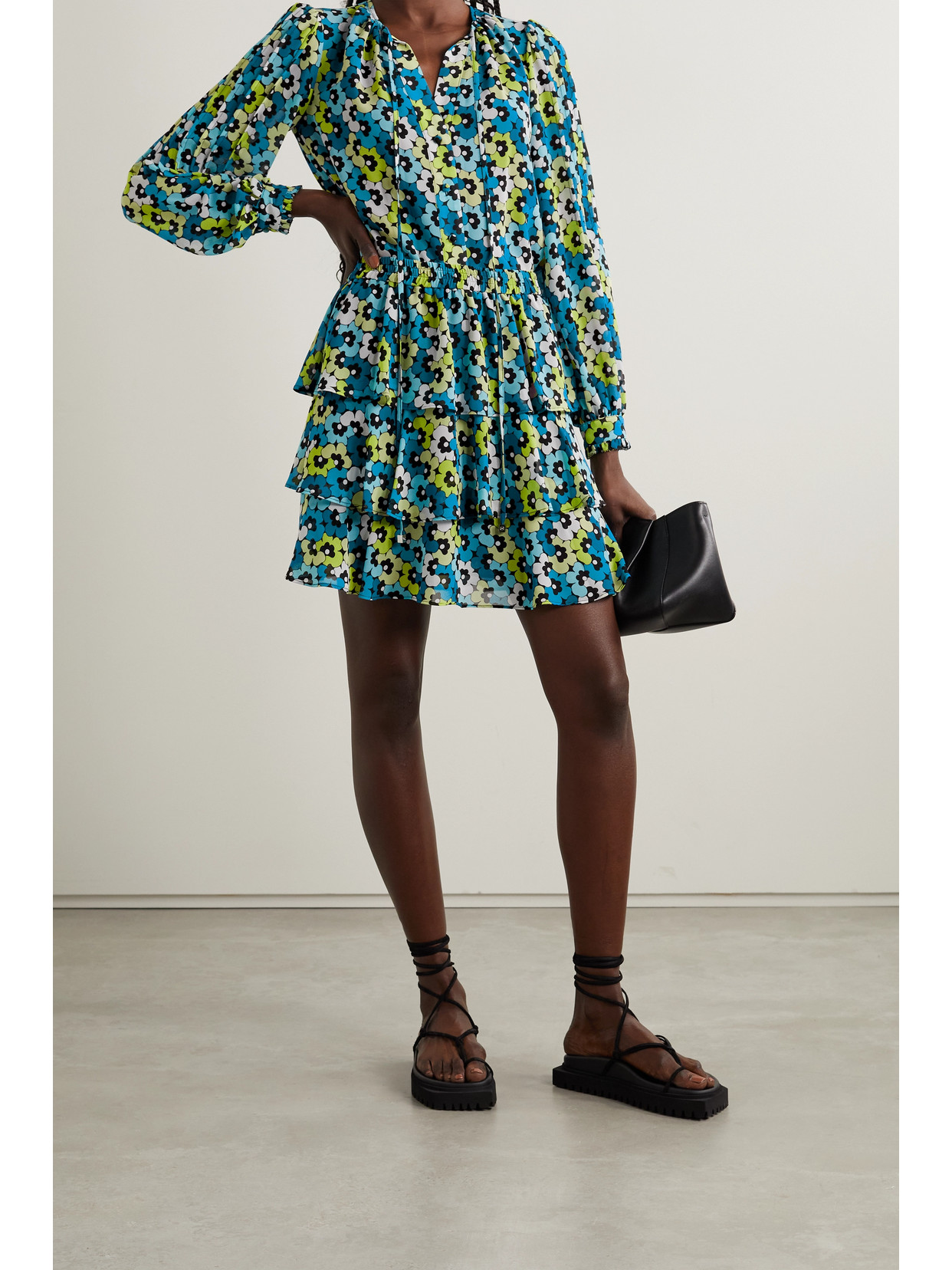 Michael Michael Kors Tiered Floral-print Crepe Mini Skirt In Blue