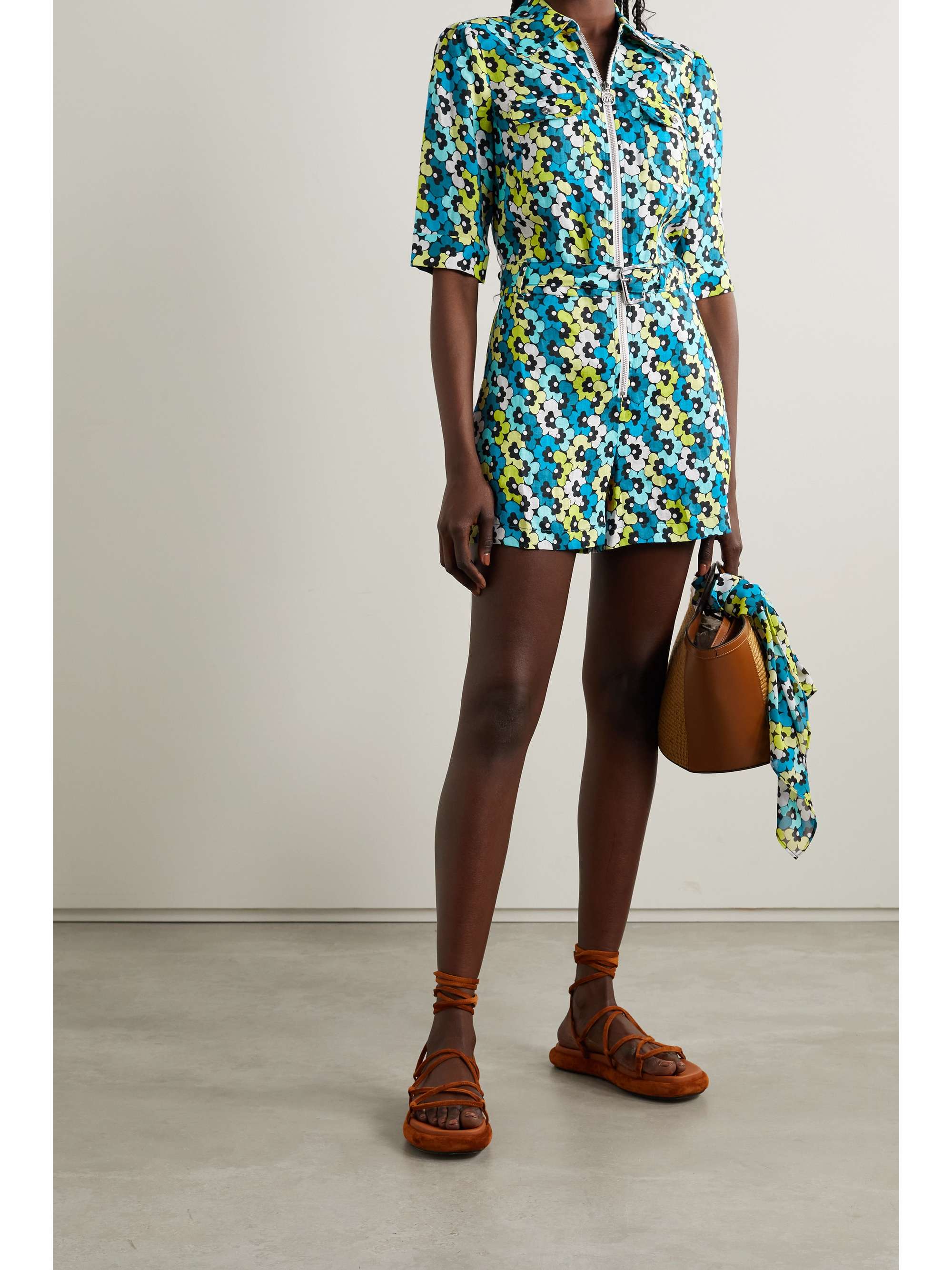 MICHAEL MICHAEL KORS Belted floral-print hemp playsuit