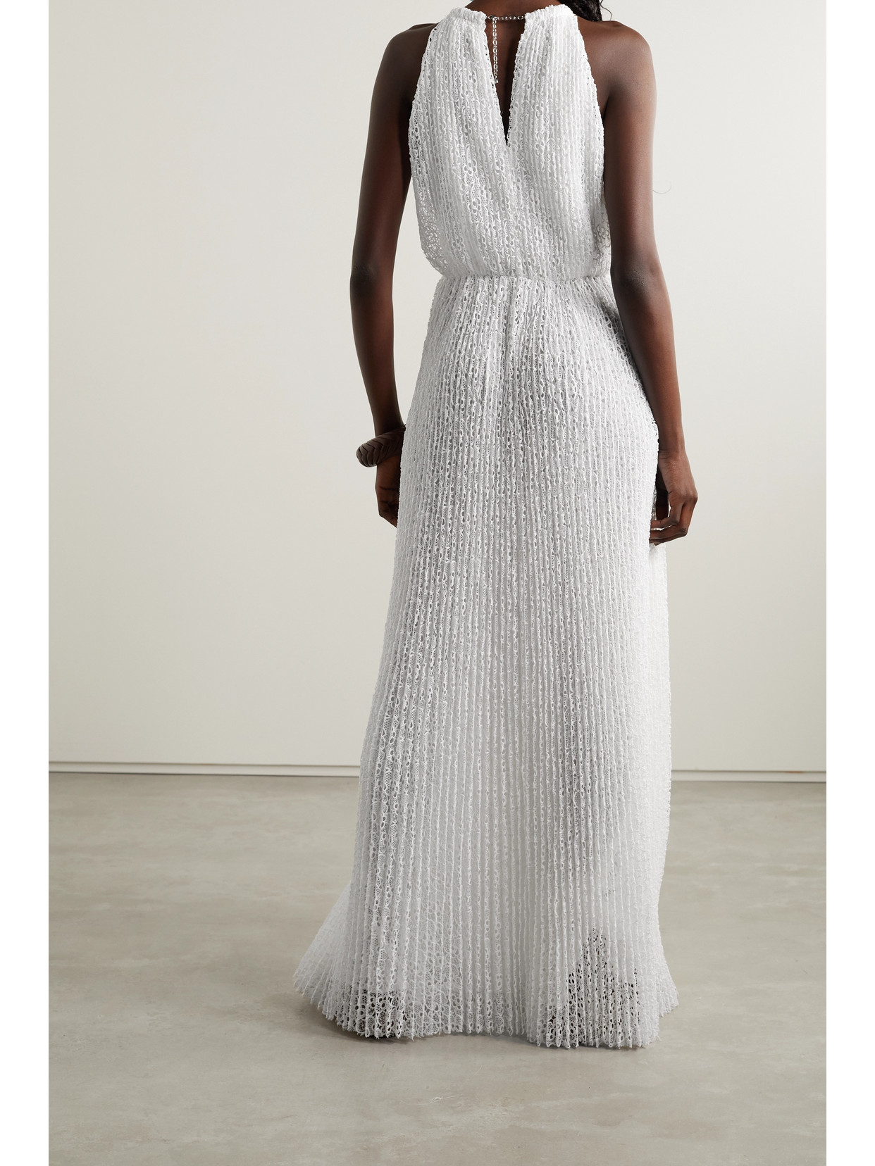 Michael Michael Kors Chain-embellished Pleated Lace Maxi Dress In White