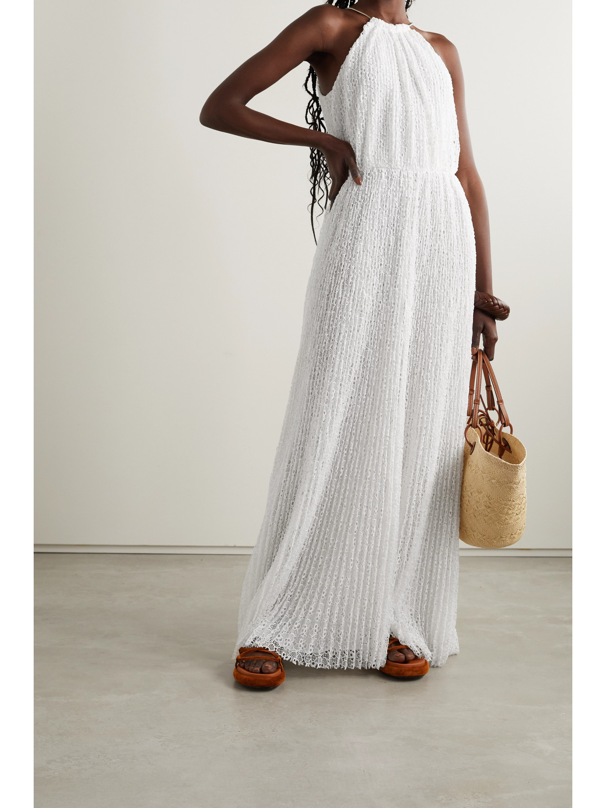 Michael Michael Kors Chain-embellished Pleated Lace Maxi Dress In White